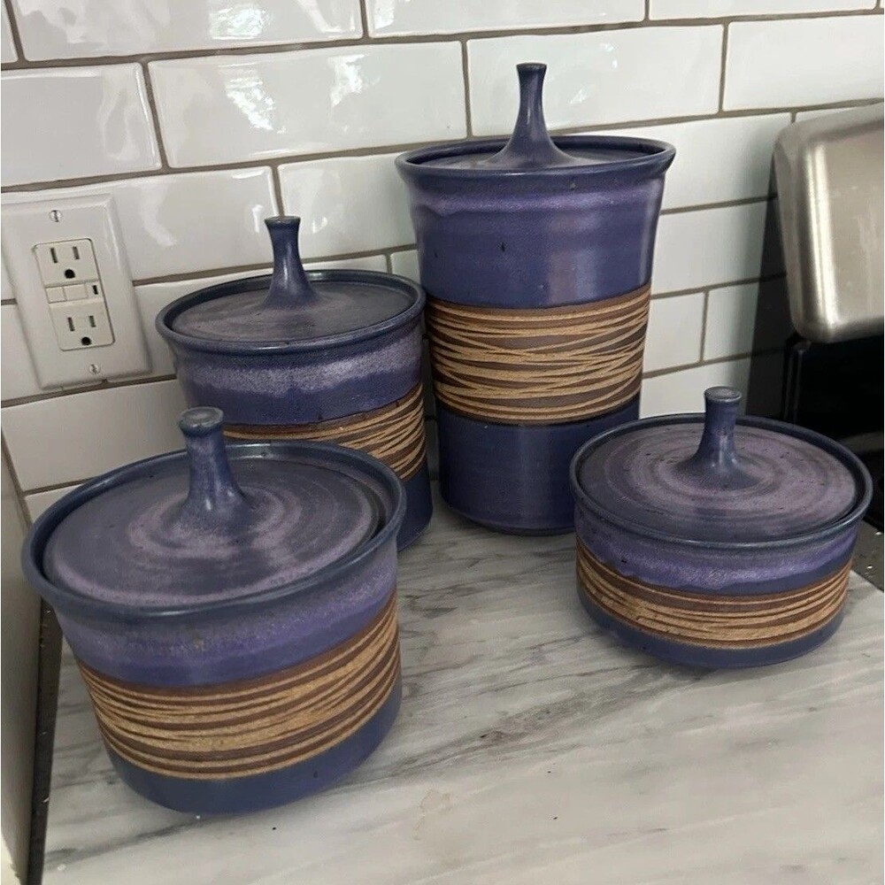 Mid-century Purple 4 Canister Set By Victoria Littlejohn Ceramics 1969 EUC